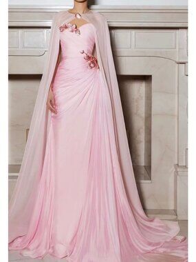 Sophie Couture BLUSH PINK GOWN WITH CAPE AND BEJEWELED FLOWERS